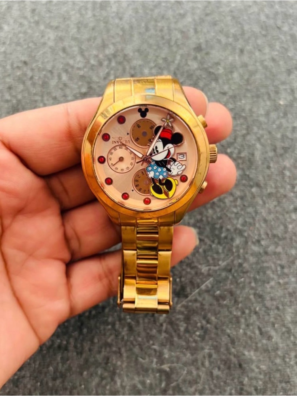 Invicta Gold Tone Minnie Mouse Watch with Blue Polka-Dot Dress